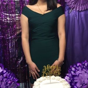 Green off the shoulder bandage fashion nova dress.